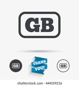 British language sign icon. GB Great Britain translation symbol with frame. Flat icons. Buttons with icons. Thank you ribbon. Vector
