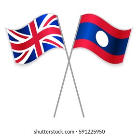 British and Laotian crossed flags. United Kingdom combined with Laos isolated on white. Language learning, international business or travel concept.