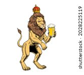 British Lion drinking beer, isolated on white background. Funny royal heraldic symbol. Comic style vector illustration.