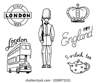 British Logo, Crown and Queen, teapot with tea, bus and royal guard, London and the gentlemen. symbols, badges or stamps, emblems or architectural landmarks, United Kingdom. Country England label.
