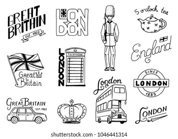 British Logo, Crown and Queen, teapot with tea, bus and royal guard, London and the gentlemen. symbols, badges or stamps, emblems or architectural landmarks, United Kingdom. Country England label.