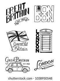 British logo, symbols, badges or stamps, emblems, architectural landmarks, flag of the United Kingdom. Country England label. Phone Booth, London and the gentlemen. Engraved, hand drawn vintage style.