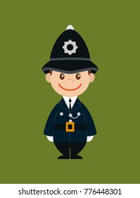  British London policeman character.Policeman on a background of khaki color.Vector flat cartoon illustration