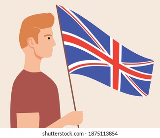 British man with flag isolated. Flat vector stock illustration. Patriotism in Great Britain. British Independence Day concept, British Flag Day. Illustration of a citizen with a national flag