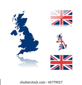 British map including: map with reflection, map in flag colors, glossy and normal flag of United kingdom.