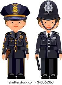 British metropolitan police officers and USA NYPD police officer . Traditional authentic helmet  and American police cap
