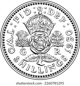 British money coin Two shillings, King George VI florin, reverse with crowned rose, thistle and shamrock, Black and white