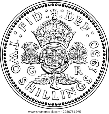 British money coin Two shillings, King George VI florin, reverse with crowned rose, thistle and shamrock, Black and white