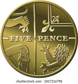 British money gold coin Five pee or Five pence, reverse with Segment of Royal Shield