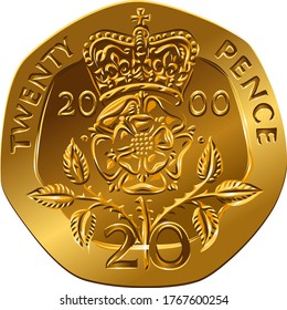 British money gold coin Reverse twenty pences with the image of Crowned rose flower, Rosa Tudor - the emblem of England