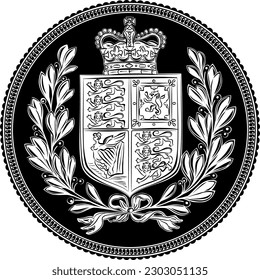 Moneda de oro del dinero británico Soberana con corona, escudo de armas en corona laurel, blanco y negro