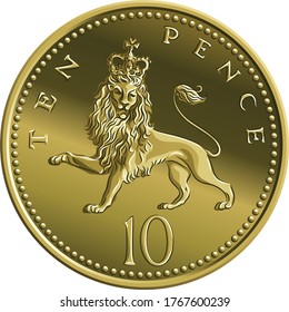 British money gold coin Ten pee or ten pence, reverse with heraldic crowned lion