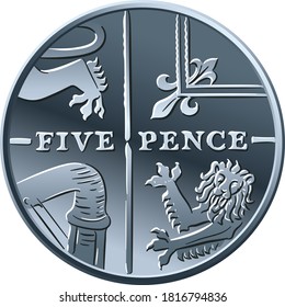 Britische Geldmünze aus Silber 5 Pence oder 5 Pence, umgekehrt mit Segment Royal Shield