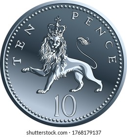 British money silver coin Ten pee or ten pence, reverse with heraldic crowned lion