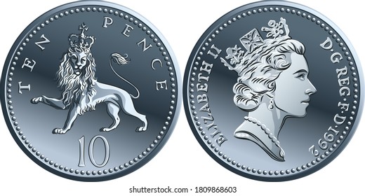 British money silver coin Ten pee or ten pence, reverse with heraldic crowned lion, queen on obverse