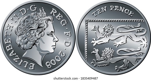 British money silver coin Ten pee or ten pence, reverse with Segment of Royal Shield, queen on obverse