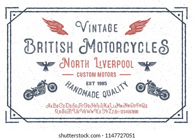 "British Motorcycles". Original handmade alphabet. Vintage font design and poster. Custom typeface.