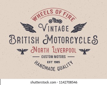 British Motorcycles typography. Textured vintage vector t-shirt and apparel design, print, logo, poster. Vector