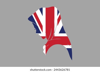 British Muslim girl wearing UK flag hijab, Muslim British woman, British woman, United Kingdom flag, UK, United Kingdom, silhouette vector
