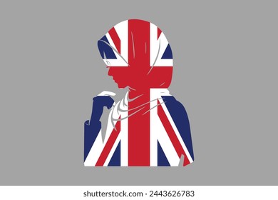 British Muslim girl wearing UK flag hijab, Muslim British woman, British woman, United Kingdom flag, UK, United Kingdom, silhouette vector
