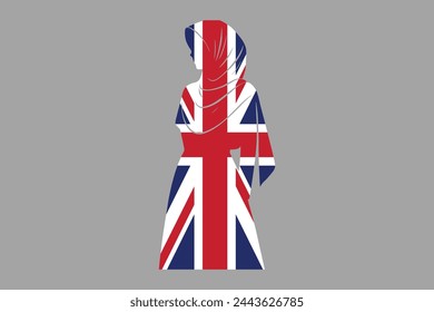 British Muslim girl wearing UK flag hijab, Muslim British woman, British woman, United Kingdom flag, UK, United Kingdom, silhouette vector
