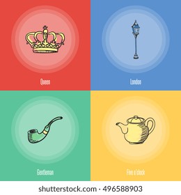 British national, cultural, political, culinary, architectural symbols. Queen crown, London lantern, smoking tube for gentleman, five o'clock tea vector doodle icons with caption on colored background