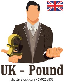 British national currency symbol pound representing money and Flag. Vector design concept of businessman in suit with his open hand over with England currency isolated on white background in EPS10.