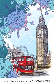 British national quarantine background. London Iconic view with Big Ben and doubledecker bus with coronavirus particles. Painted sketch isolated on white background. EPS10 vector illustration