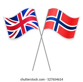 British and Norwegian crossed flags. United Kingdom combined with Norway isolated on white. Language learning, international business or travel concept.