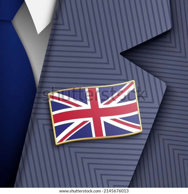British official person dressed in a blue\
color official suit, white shirt, blue tie, and UK flag golden\
lapel pin, vector\
illustration.