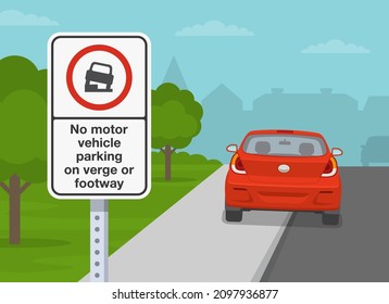 Britische Parkplatzvorschriften. Nahaufnahme eines Schildes "Kein Parken am Straßenrand". Rückansicht eines geparkten roten Limousinen. Flache Vektorgrafik-Vorlage.