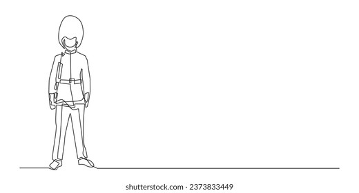 british palace guard soldier continuous line.english palace guard wearing tall fur hat single line vector.isolated white background svg
