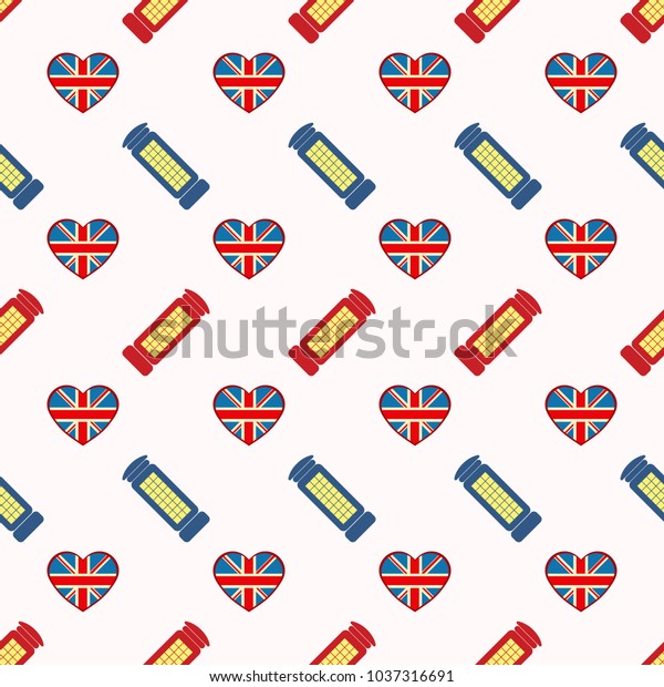 British pattern. English pattern\
background, British flag in hearts, telephone\
cab.