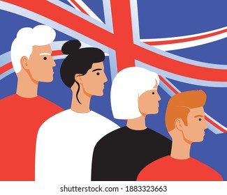 British people with the flag of Great Britain. Flat vector stock illustration. The concept of oath, patriotism. Young, adult old British citizens with flag. Partiots in uk