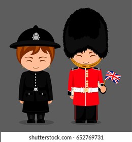 Británicos. Mujer policía y guardia real con una bandera. Hombre y mujer con traje tradicional. Viaje al Reino Unido. Ilustración plana vectorial.