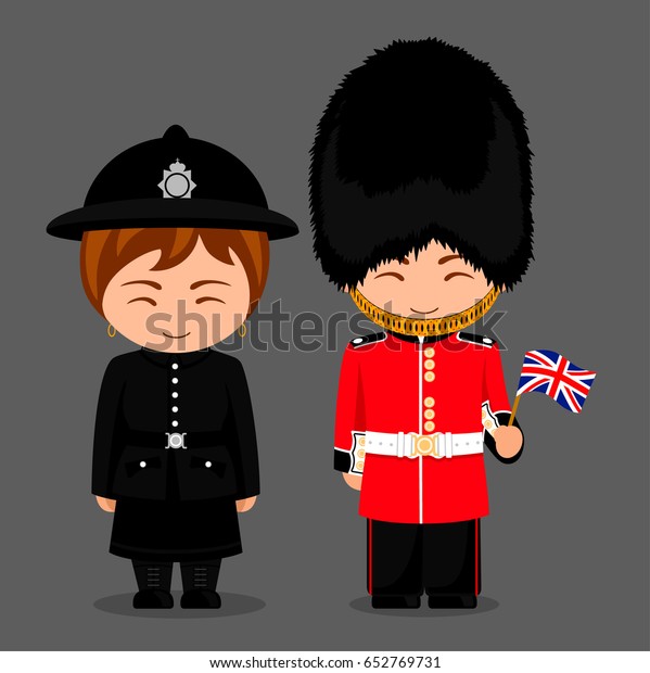 British people. Police woman and royal\
guard with a flag. Man and woman in traditional costume. Travel to\
United Kingdom. Vector flat\
illustration.