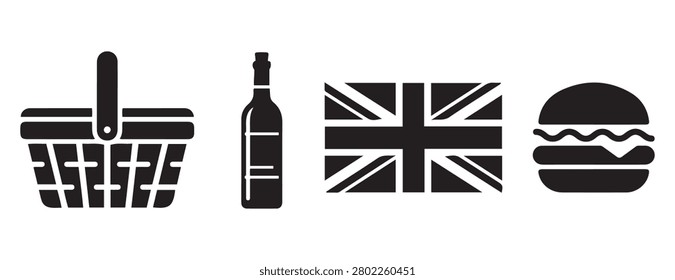 British picnic concept set with picnic basket wine bottle united kingdom flag and burger