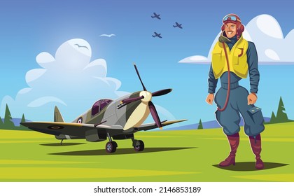 British Pilot And Spitfire Fighter Plane On Field World War II