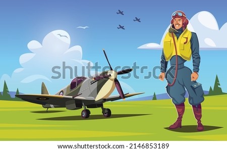 British pilot and Spitfire fighter plane on field World War II