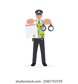 British police officer with arrest warrant and handcuff, UK police vector illustration