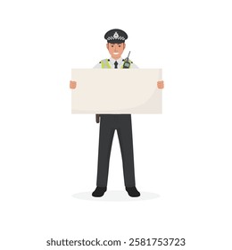 British police officer holding a sign board, UK policeman, vector illustration