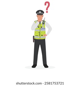 British police officer thinking in a thoughtful pose with question mark. concept. vector illustration