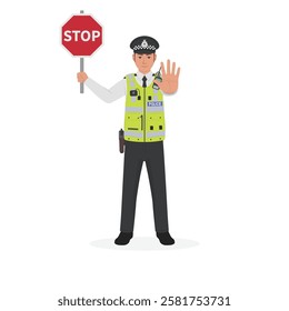 British police officer using a hand sign to stop and holding a stop sign board vector illustration