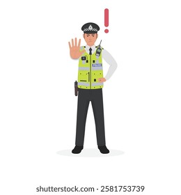 British police officer using a hand sign to stop, UK policeman, vector illustration