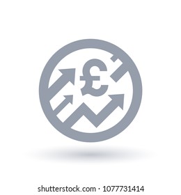 British Pound con flechas arriba icono conceptual. Gran símbolo de crecimiento económico. Señal de desplome de las cuotas de los mercados financieros. Ilustración vectorial.