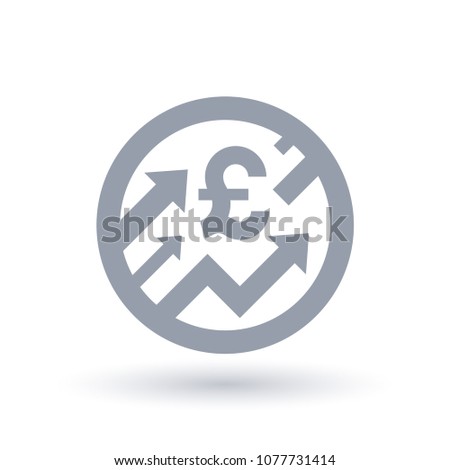 British Pound with arrows up concept icon. Great britain economic growth symbol. Financial market shares trade crash sign. Vector illustration.