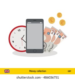 British Pound banknote. Time is money concept vector illustration.