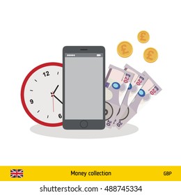 British Pound banknote. Time is money concept vector illustration.