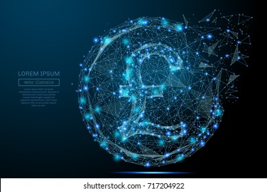 British pound coin from abstract polygonal points blue. Low poly coin in motion, lines and connected to form, vector illustration. Money sign wire frame digital illustration