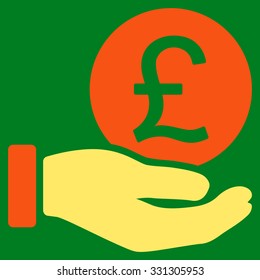 British Pound Coin Payment vector icon. Style is flat bicolor orange and yellow symbol, rounded angles, green background.